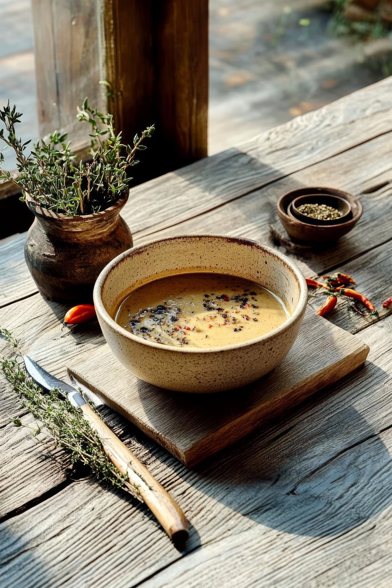 Bowl of rustic soup with steam rising